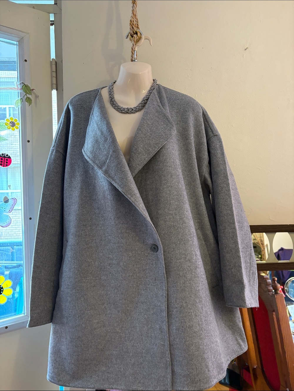 Uniqlo Gray Oversized Wool-Blend Pea Coat
